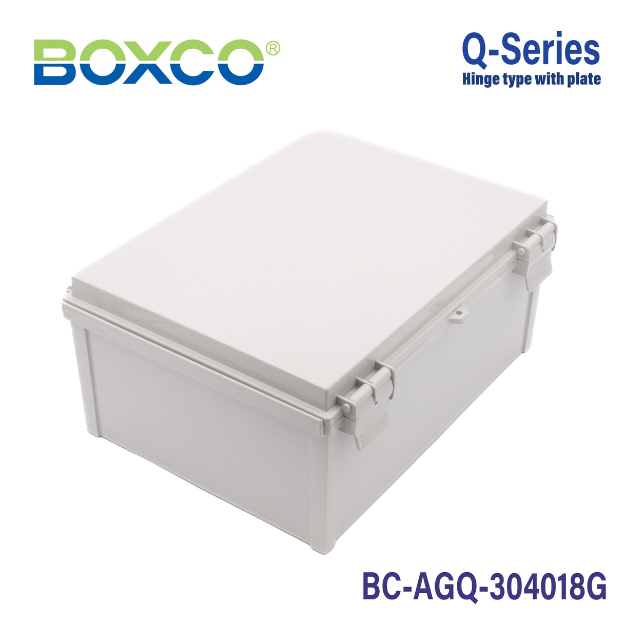Boxco Q-Series 300*400*180mm Plastic Enclosure, IP67, IK08, ABS, Grey Cover, Hinge Type with Plate