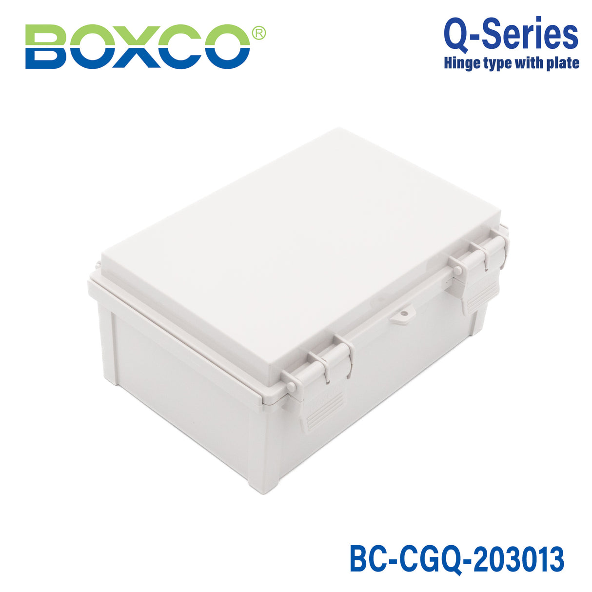 Boxco Q-Series 200×300×130mm Plastic Enclosure, IP67, IK08, PC, Grey Cover, Plastic Hinge and Latch Type