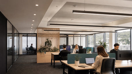 New Zealand commercial office lit by DALI-2 controlled linear pendant luminaires