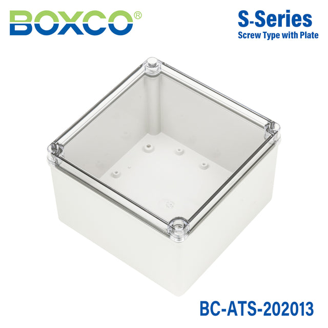 Boxco S-Series 200x200x130mm Plastic Enclosure, IP67, IK08, ABS, Transparent Cover, Screw Type
