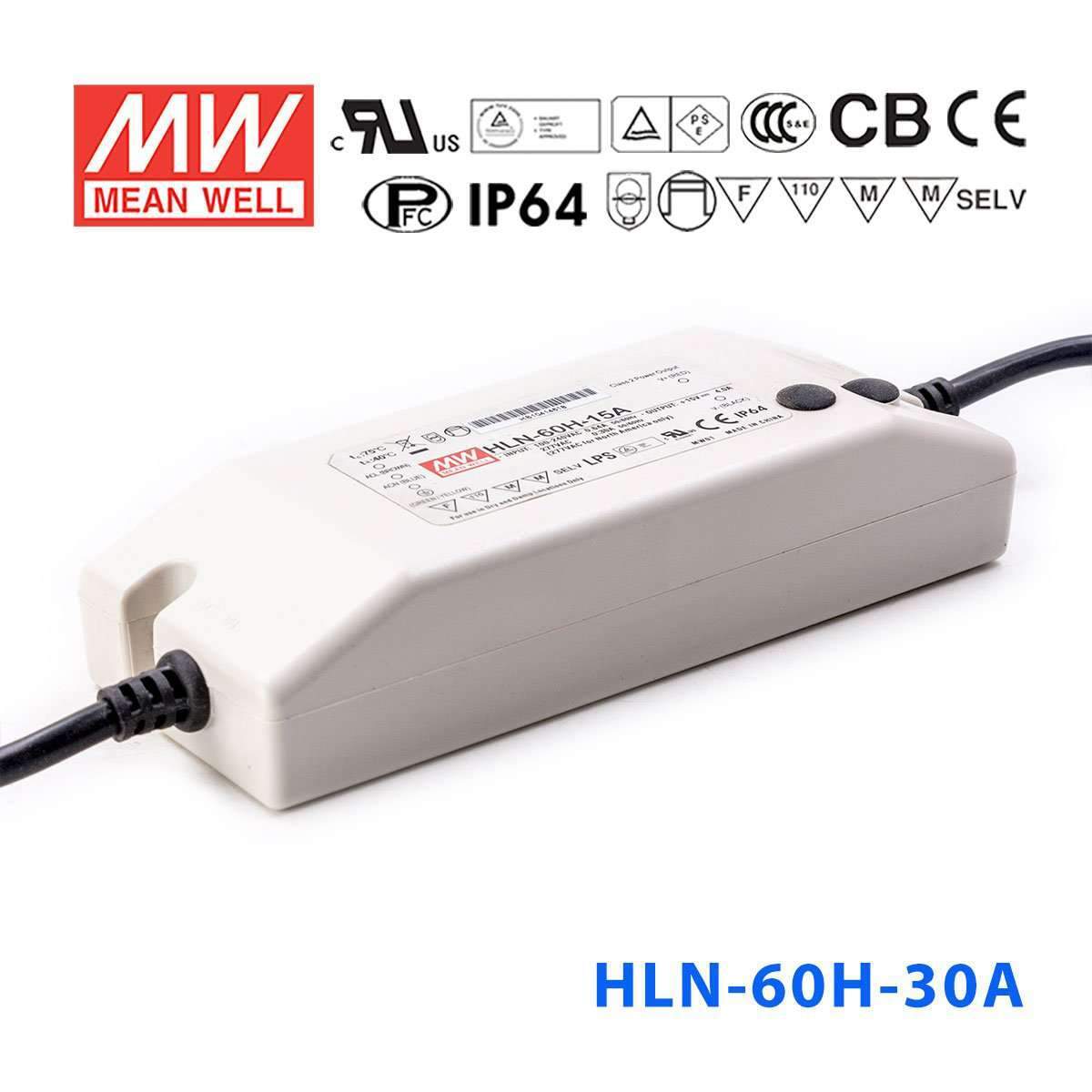 Mean Well HLN-60H-30A Power Supply 60W 30V - IP64, Adjustable 2A