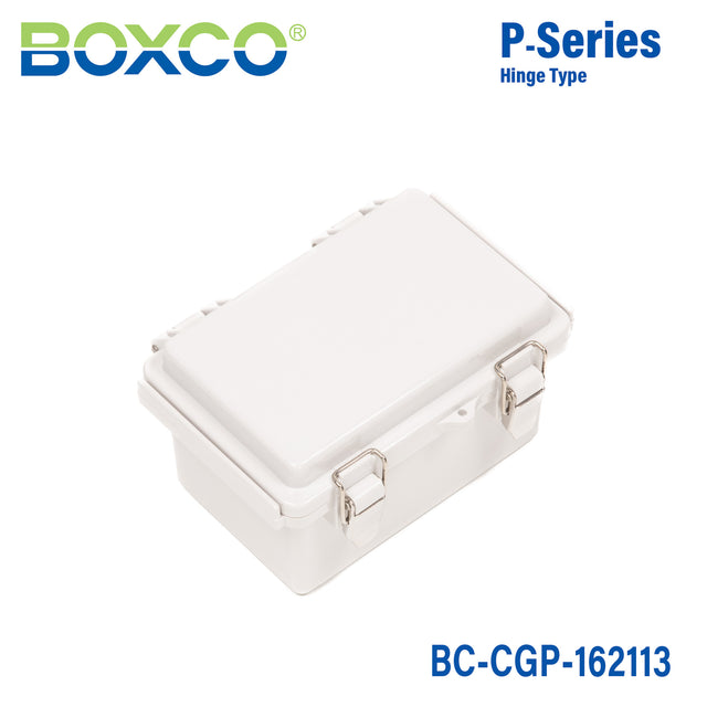Boxco P-Series 160x210x130mm Plastic Enclosure, IP67, IK08, PC, Grey Cover, Molded Hinge and Latch Type