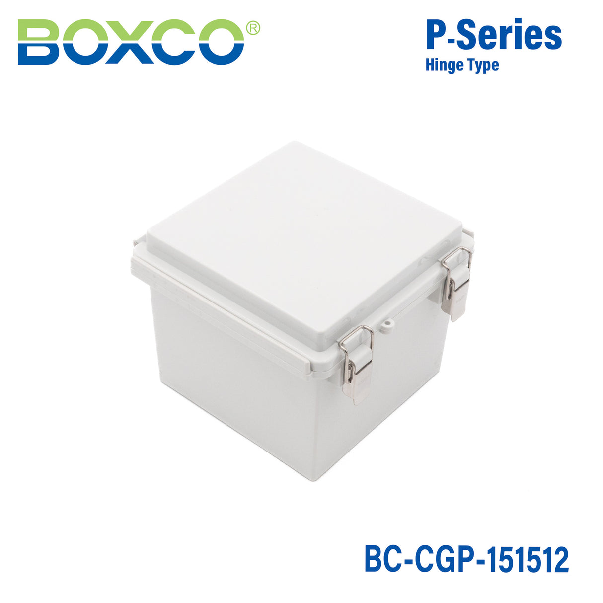 Boxco P-Series 150x150x120mm Plastic Enclosure, IP67, IK08, PC, Grey Cover, Molded Hinge and Latch Type