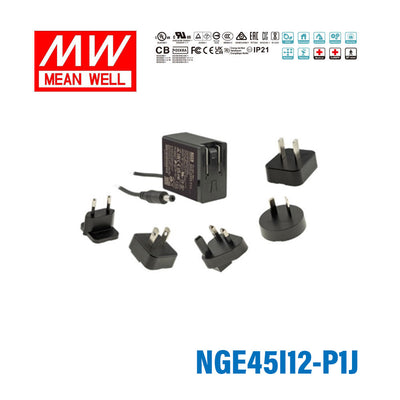 Mean Well NGE45I12-P1J AC-DC Wall-mounted Green Adaptor - Interchangeable Plug - 45W 12V 3.75A