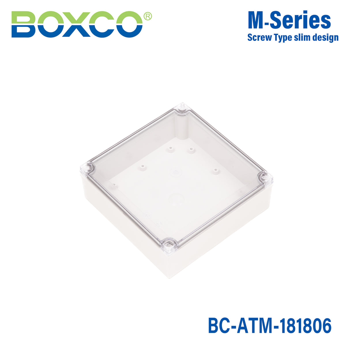 Boxco M-Series 180x180x60mm Plastic Enclosure, IP67, IK08, ABS, Transparent Cover, Screw Type