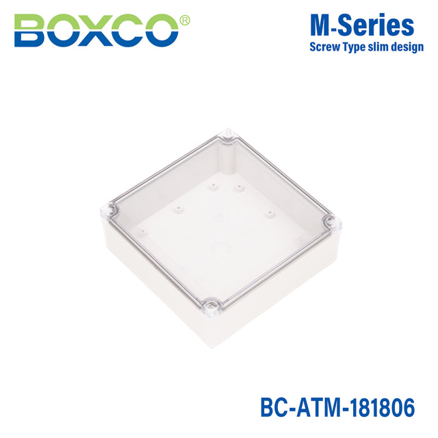 Boxco M-Series 180x180x60mm Plastic Enclosure, IP67, IK08, ABS, Transparent Cover, Screw Type