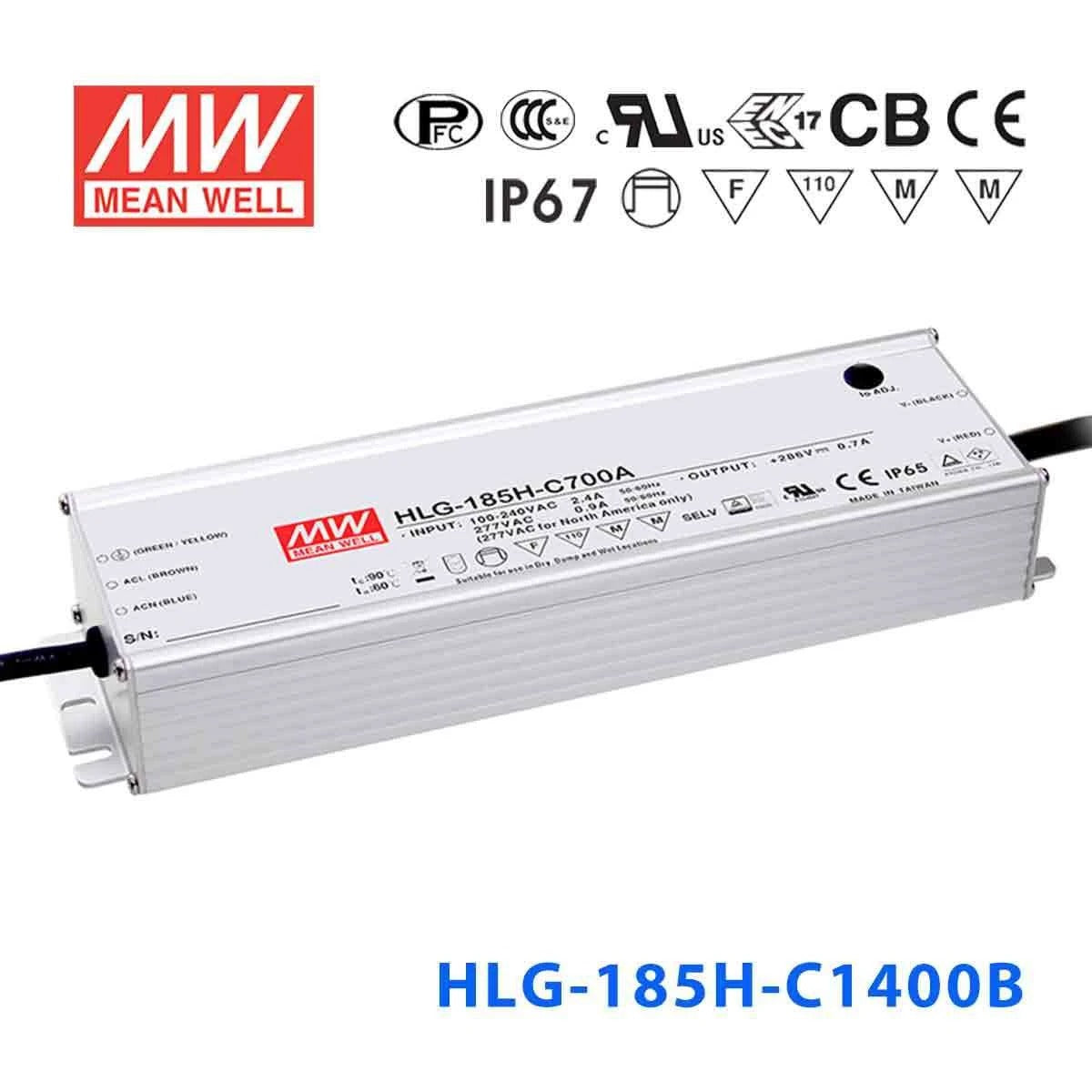 Mean Well HLG-185H-C1400B Power Supply 200.2W 1400mA - Dimmable