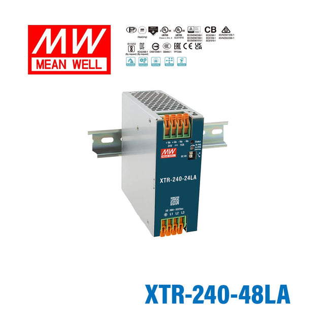 Mean Well XTR-240-48LA Three Phase Din Rail Power Supply 240W 48V - Lever-Actuated 5A