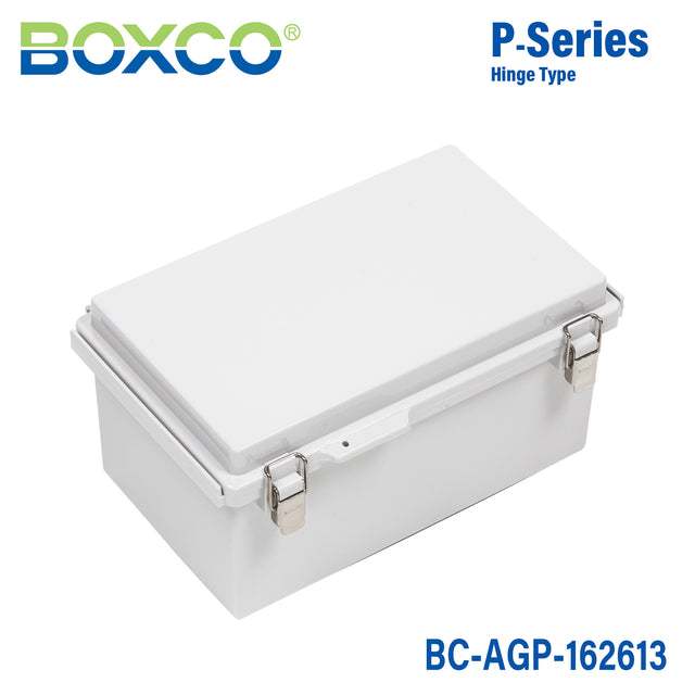 Boxco P-Series 160x260x130mm Plastic Enclosure, IP67, IK08, ABS, Grey Cover, Molded Hinge and Latch Type