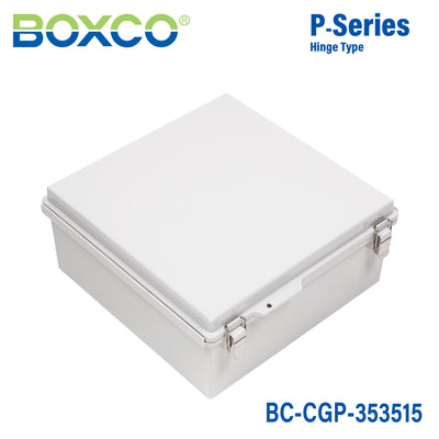 Boxco P-Series 350x350x150mm Plastic Enclosure, IP67, IK08, PC, Grey Cover, Molded Hinge and Latch Type