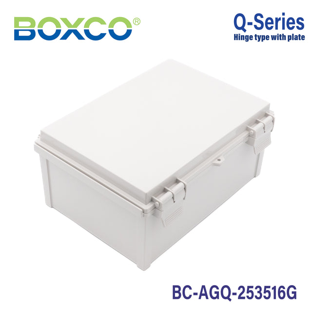Boxco Q-Series 250x350x160mm Plastic Enclosure, IP67, IK08, ABS, Grey Cover, Hinge Type with Plate