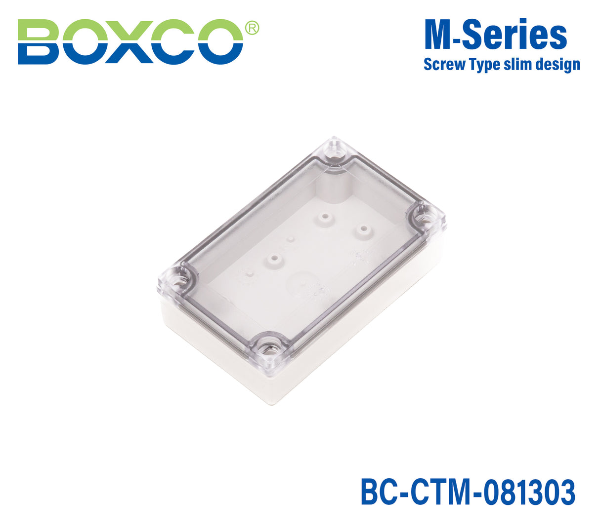 Boxco M-Series 80x130x35mm Plastic Enclosure, IP67, IK08, PC, Transparent Cover, Screw Type