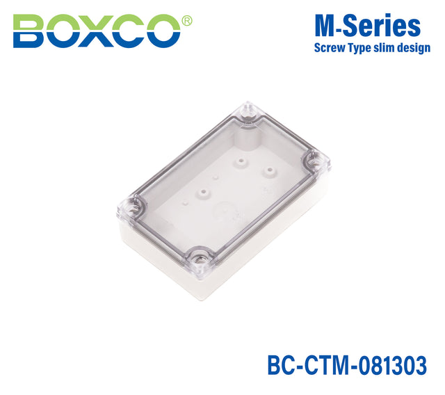 Boxco M-Series 80x130x35mm Plastic Enclosure, IP67, IK08, PC, Transparent Cover, Screw Type