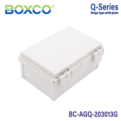 Boxco Q-Series 200x300x130mm Plastic Enclosure, IP67, IK08, ABS, Grey Cover, Hinge Type with Plate