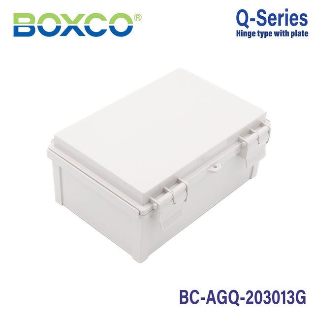 Boxco Q-Series 200x300x130mm Plastic Enclosure, IP67, IK08, ABS, Grey Cover, Hinge Type with Plate