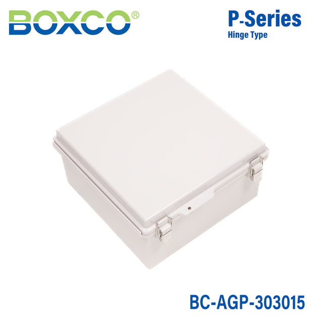 Boxco P-Series 300x300x150mm Plastic Enclosure, IP67, IK08, ABS, Grey Cover, Molded Hinge and Latch Type