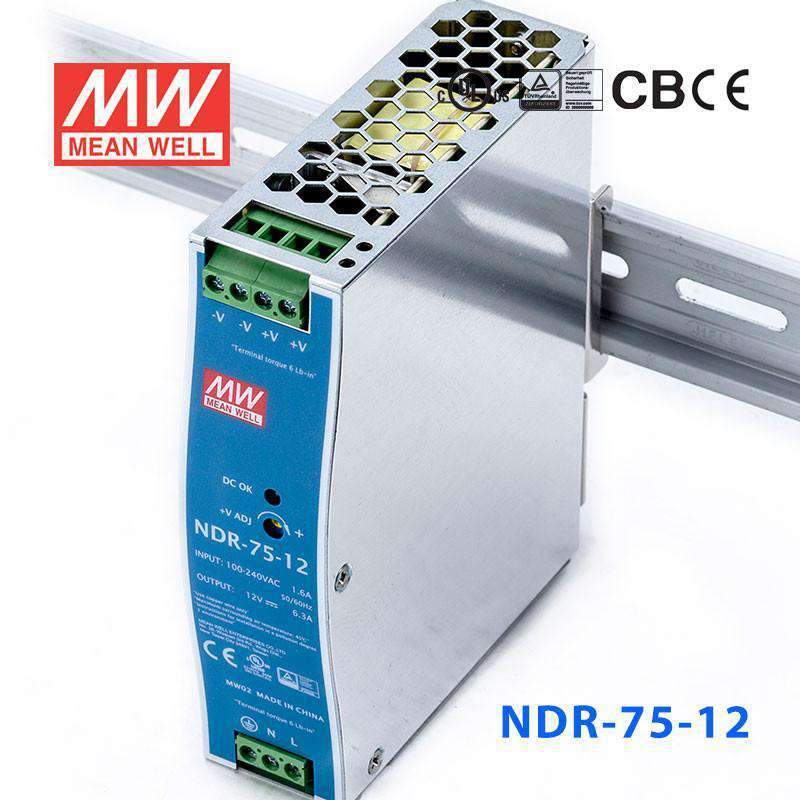 Mean Well NDR-75-12 Single Output Industrial Power Supply 75W 12V 6.3A - DIN Rail