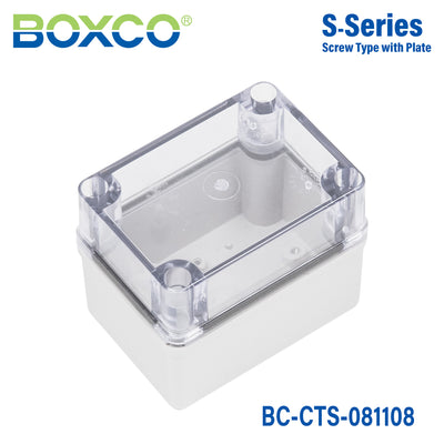 Boxco S-Series 80x110x85mm Plastic Enclosure, IP67, IK08, PC, Transparent Cover, Screw Type