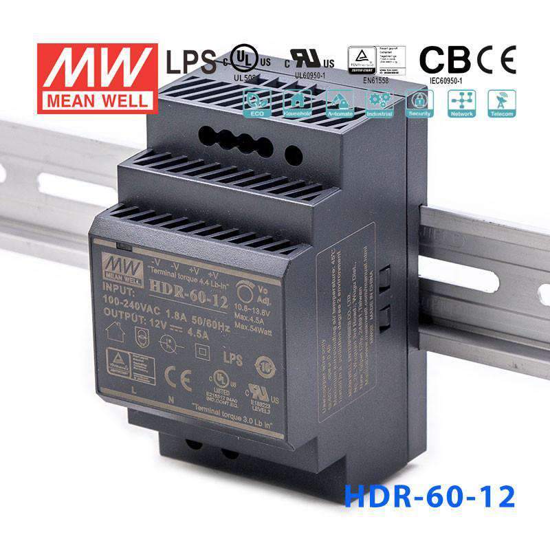Mean Well HDR-60-12 Ultra Slim Step Shape Power Supply 60W 12V 4.5A - DIN Rail