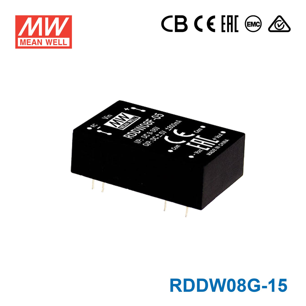 Mean Well RDDW08G-15 DC-DC Converter - 8W - 18~75V in ±15V out 256mA