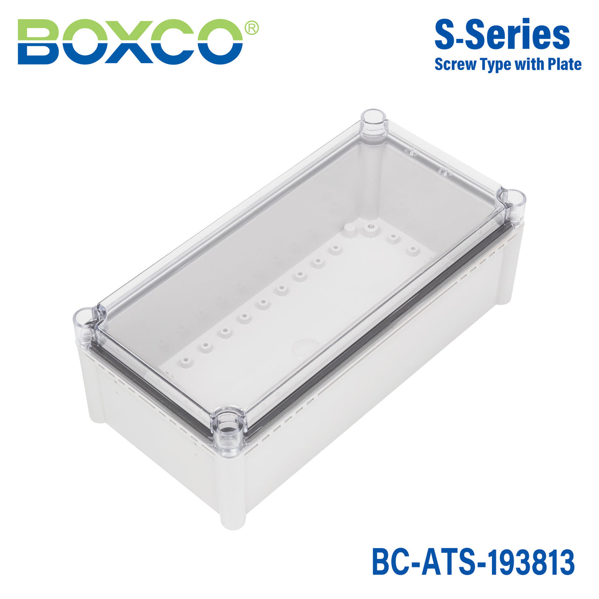 Boxco S-Series 190x380x130mm Plastic Enclosure, IP67, IK08, ABS, Transparent Cover, Screw Type