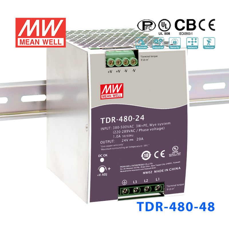 Mean Well TDR-480-48 Single Output Industrial Power Supply 480W 48V 10A - DIN Rail