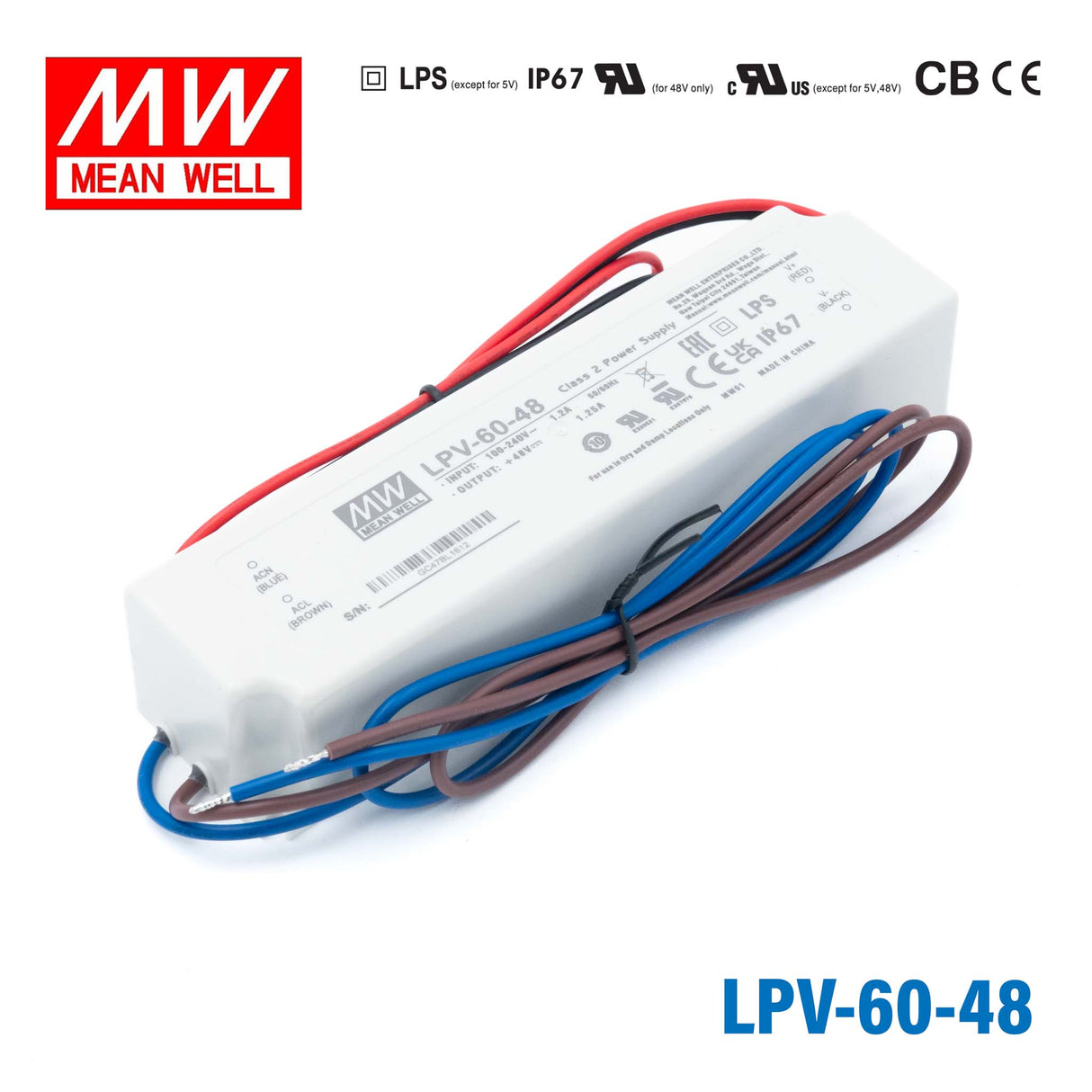 Mean Well LPV-60-48 LED Driver — 60W 48V 1.25A IP67 Waterproof