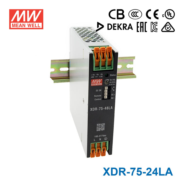 Mean Well XDR-75-24LA High-End Ultra Slim Industrial Din Rail Power Supply 74.88W 24V with Lever Actuated Connector 3.12A
