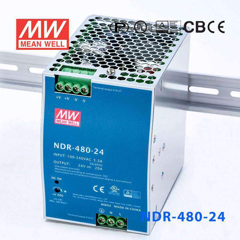 Mean Well NDR-480-24 Single Output Industrial Power Supply 480W 24V - DIN Rail