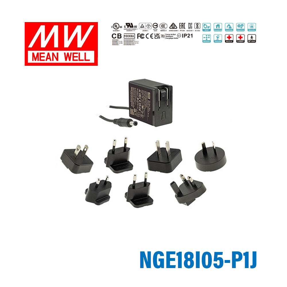Mean Well NGE18I05-P1J AC-DC Wall-mounted Green Adaptor - Interchangeable Plug - 18W 5V 3A