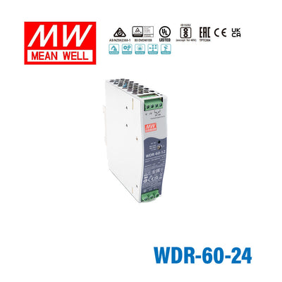Mean Well WDR-60-24 Single Output Industrial Power Supply 60W 24V 2.5A - DIN Rail