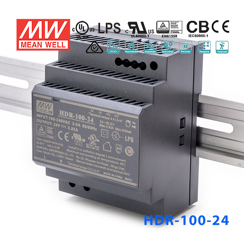 Mean Well HDR-100-24 Ultra Slim Step Shape Power Supply 100W 24V - DIN Rail