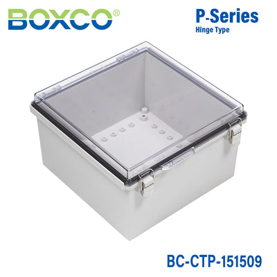 Boxco P-Series 150x150x90mm Plastic Enclosure, IP67, IK08, PC, Transparent Cover, Molded Hinge and Latch Type