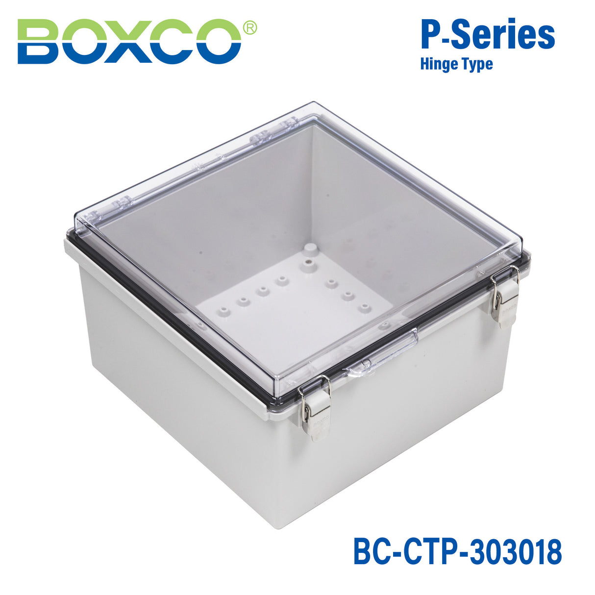 Boxco P-Series 300x300x180mm Plastic Enclosure, IP67, IK08, PC, Transparent Cover, Molded Hinge and Latch Type