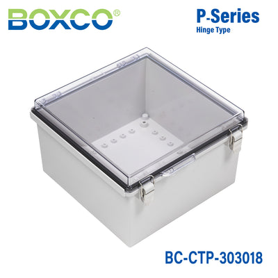 Boxco P-Series 300x300x180mm Plastic Enclosure, IP67, IK08, PC, Transparent Cover, Molded Hinge and Latch Type