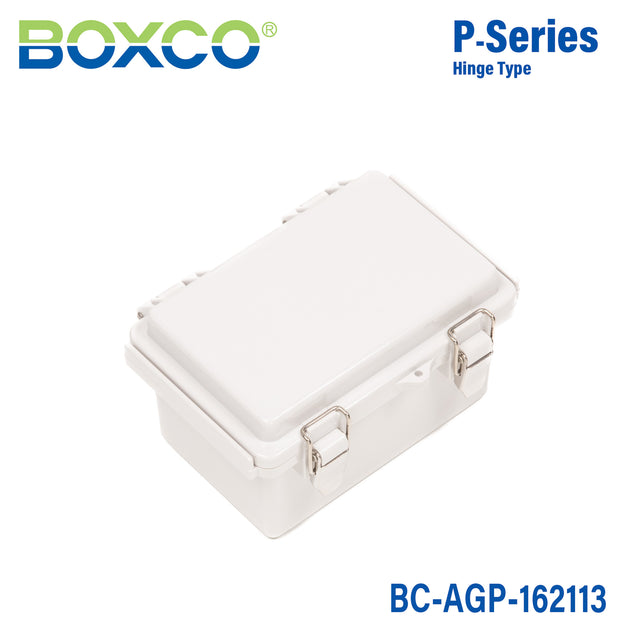 Boxco P-Series 160x210x130mm Plastic Enclosure, IP67, IK08, ABS, Grey Cover, Molded Hinge and Latch Type