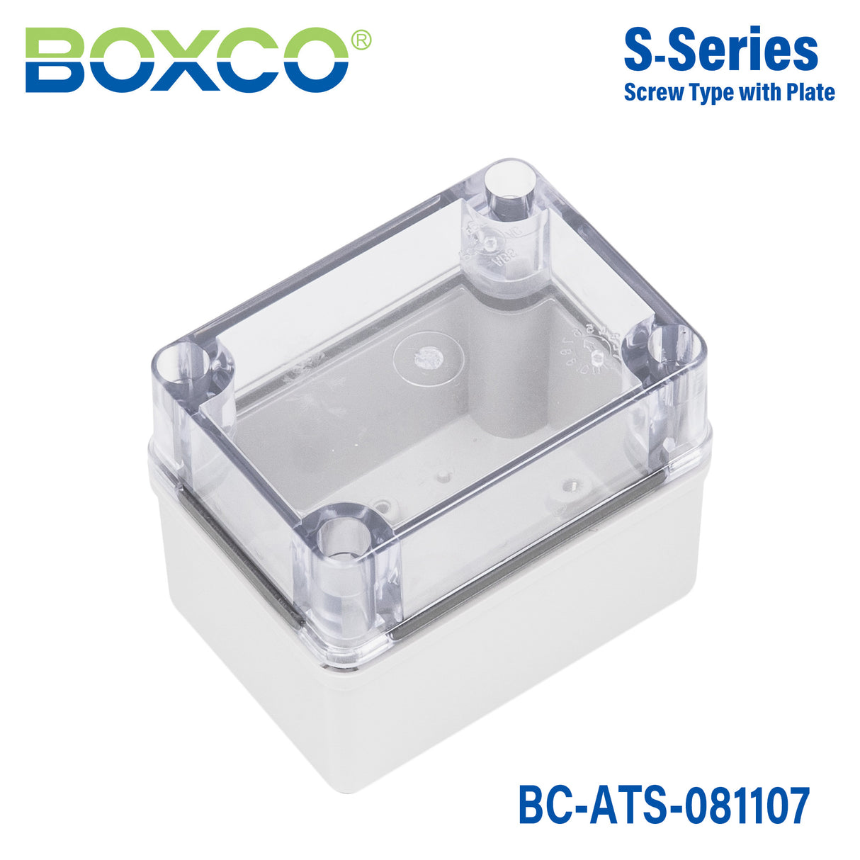 Boxco S-Series 80x110x70mm Plastic Enclosure, IP67, IK08, ABS, Transparent Cover, Screw Type