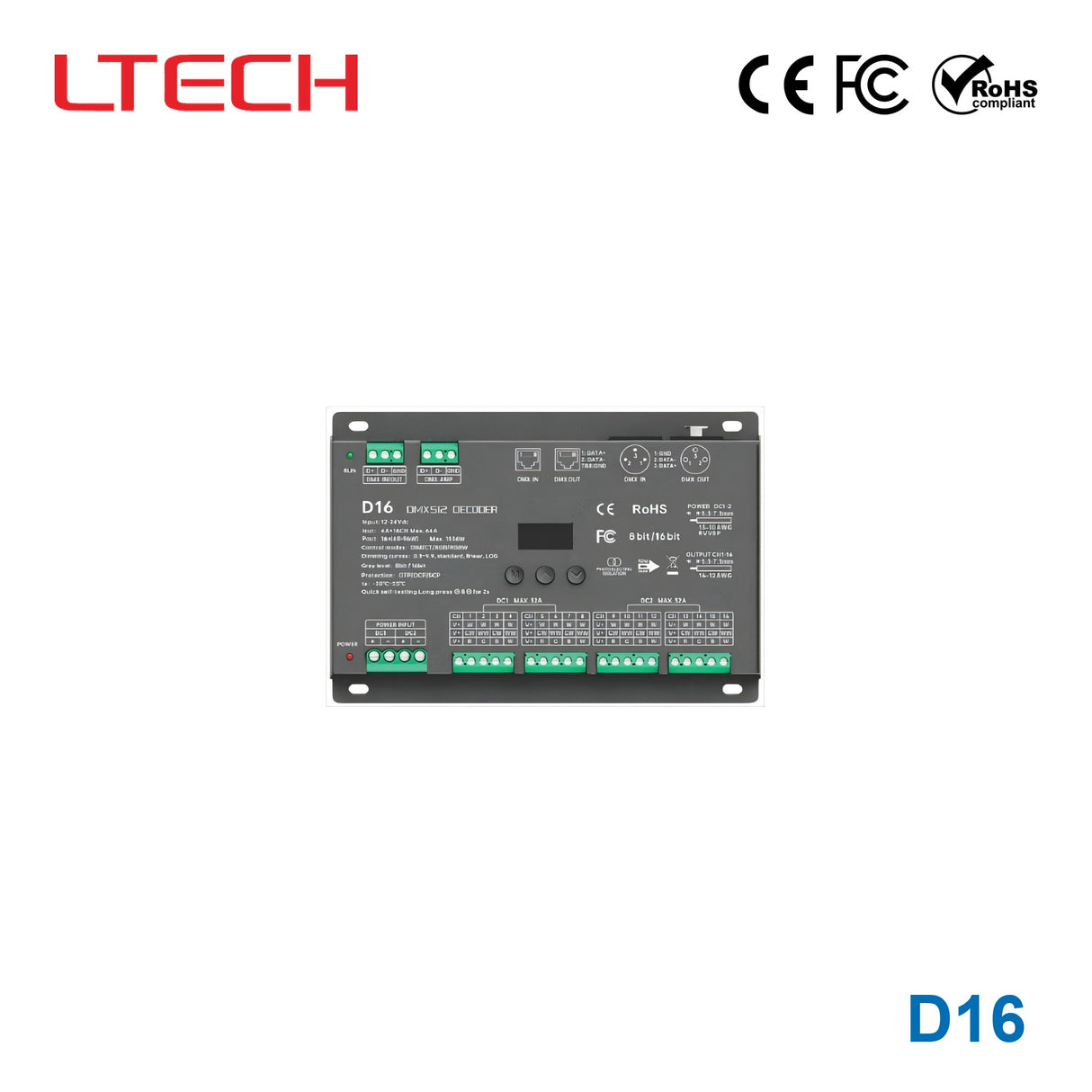 Ltech D16 Constant Voltage 16 Channel DMX/RDM Decoder, 12-24VDC, 4A per Channel