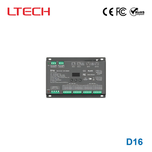 Ltech D16 Constant Voltage 16 Channel DMX/RDM Decoder, 12-24VDC, 4A per Channel