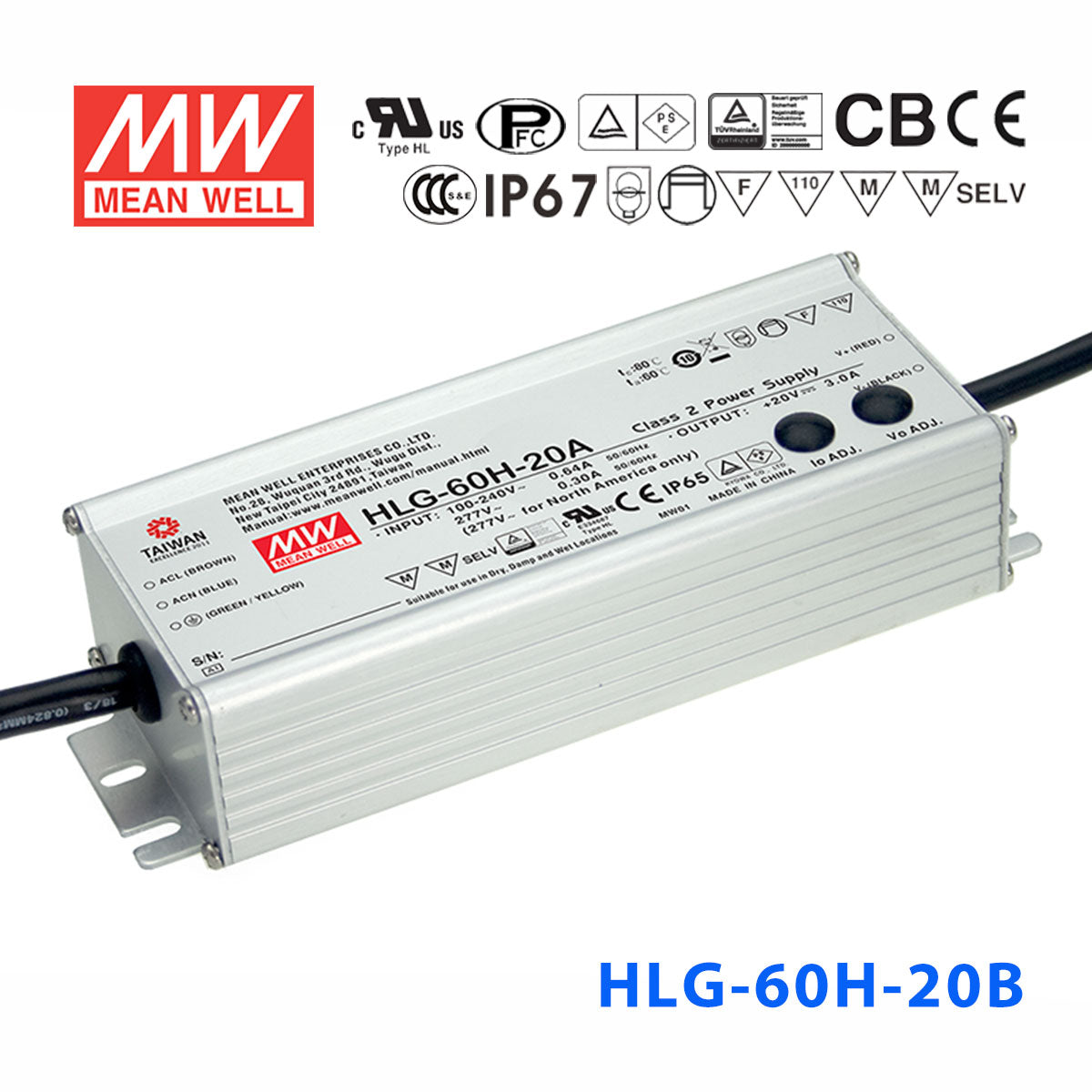 Mean Well HLG-60H-20AB Power Supply 60W 20V - Adjustable and Dimmable 3A