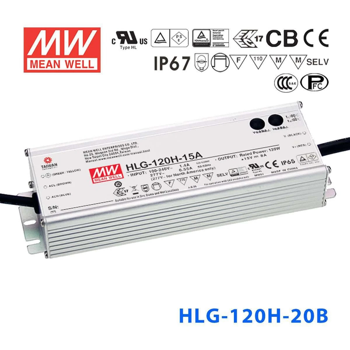 Mean Well HLG-120H-20B Power Supply 120W 20V- Dimmable 6A