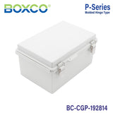 Boxco P-Series 190x280x140mm Plastic Enclosure, IP67, IK08, PC, Grey Cover, Molded Hinge and Latch Type