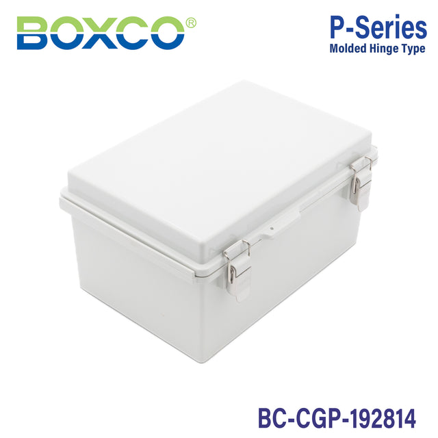 Boxco P-Series 190x280x140mm Plastic Enclosure, IP67, IK08, PC, Grey Cover, Molded Hinge and Latch Type