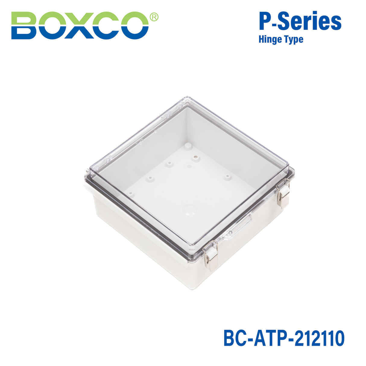 Boxco P-Series 210x210x100mm Plastic Enclosure, IP67, IK08, ABS, Transparent Cover, Molded Hinge and Latch Type