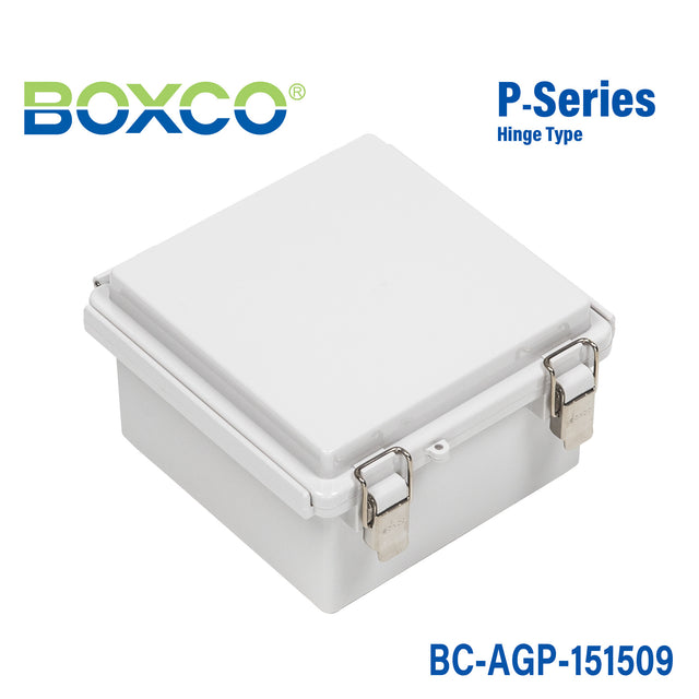 Boxco P-Series 150x150x90mm Plastic Enclosure, IP67, IK08, ABS, Grey Cover, Molded Hinge and Latch Type