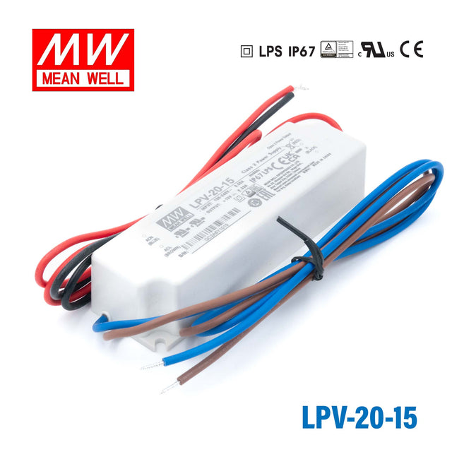 Mean Well LPV-20-15 LED Driver — 20W 15V 1.33A IP67 Waterproof