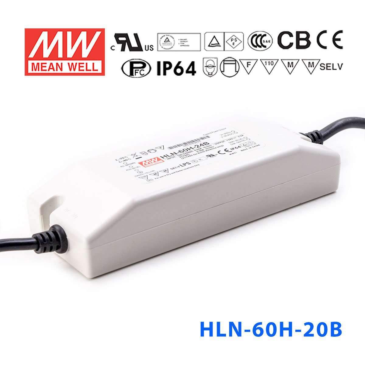 Mean Well HLN-60H-20B Power Supply 60W 20V - IP64, Dimmable