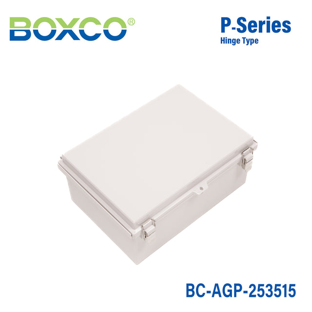 Boxco P-Series 250x350x150mm Plastic Enclosure, IP67, IK08, ABS, Grey Cover, Molded Hinge and Latch Type