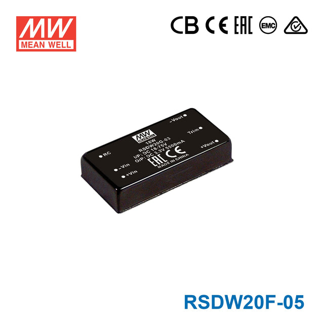 Mean Well RSDW20F-05 DC-DC Converter - 20W - 9~36V in 5V out