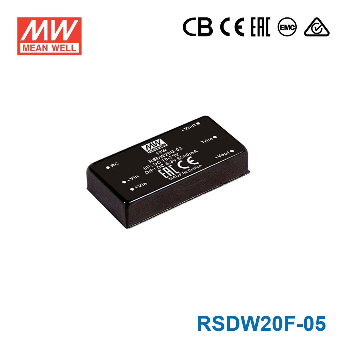 Mean Well RSDW20F-05 DC-DC Converter - 20W - 9~36V in 5V out 4A